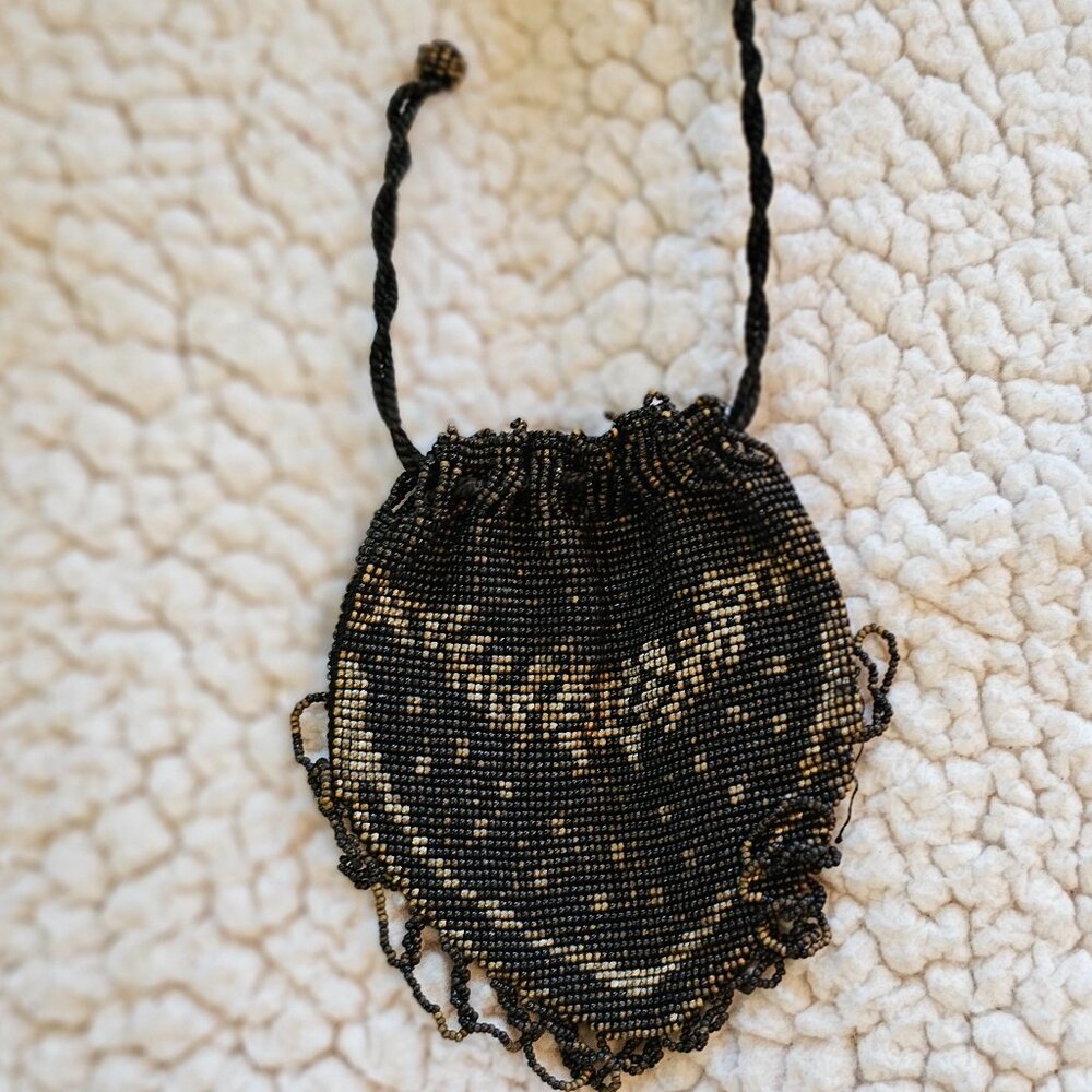 Antique Beaded Drawstring Pouch – Black & Gold, Fringe Tassels, Art Deco Style - Picture 7 of 10